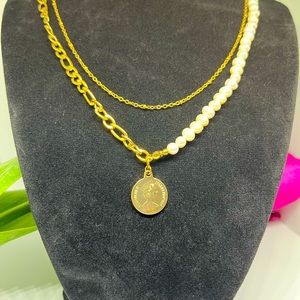 TITANIUM STEEL & PEARL LAYERED COIN NECKLACE